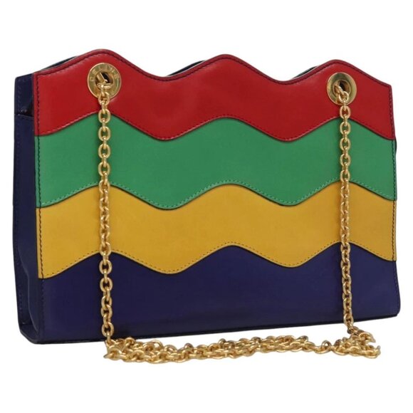 CELINE Chain Shoulder Bag Leather Multicolor Gold Auth BD096AV - Picture 1 of 14